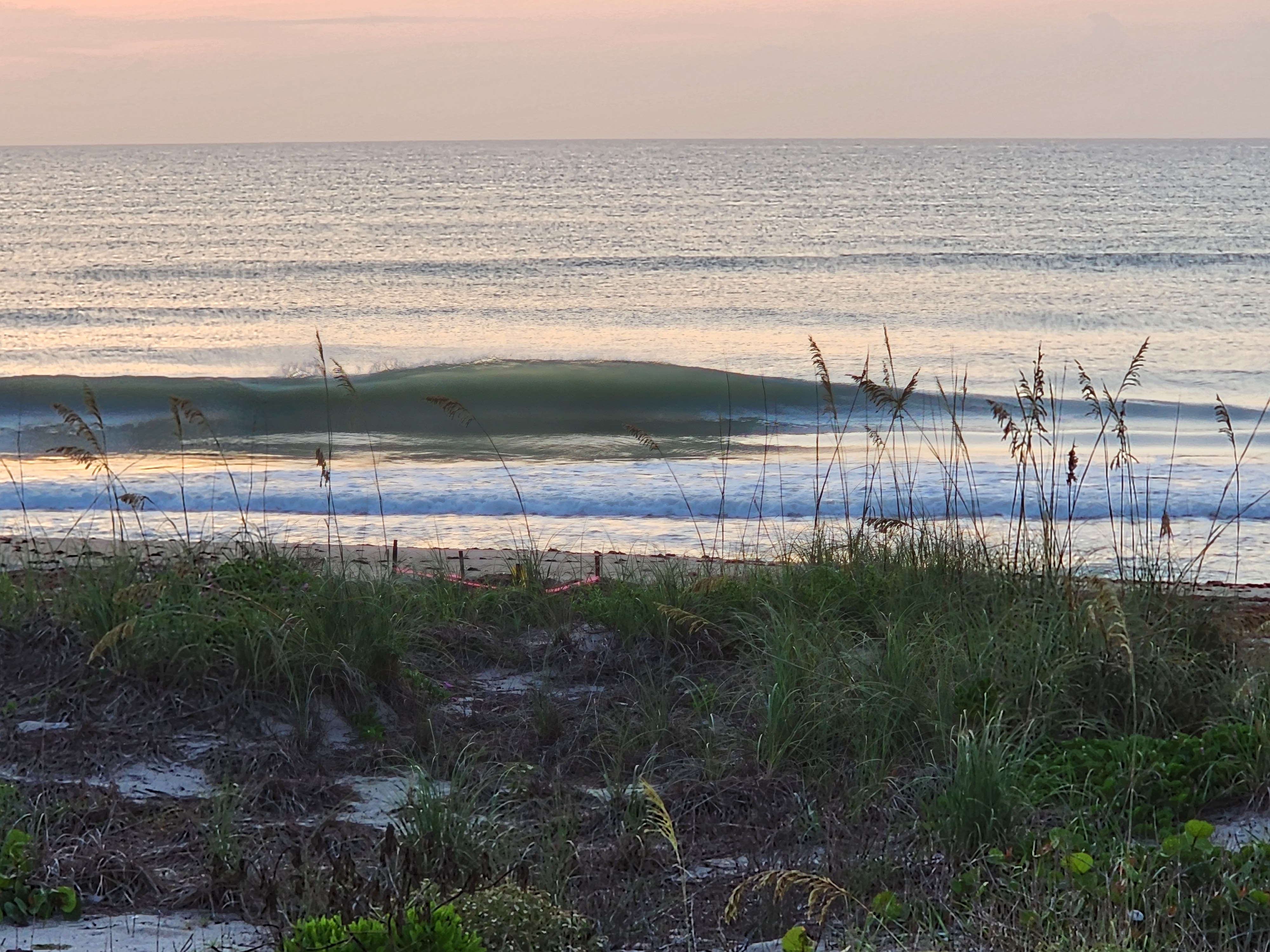 Clean hollow 2-3 foot groundswell wave with glassy green face breaking at dawn at Picnic Tables South Cocoa Beach June 2 2026